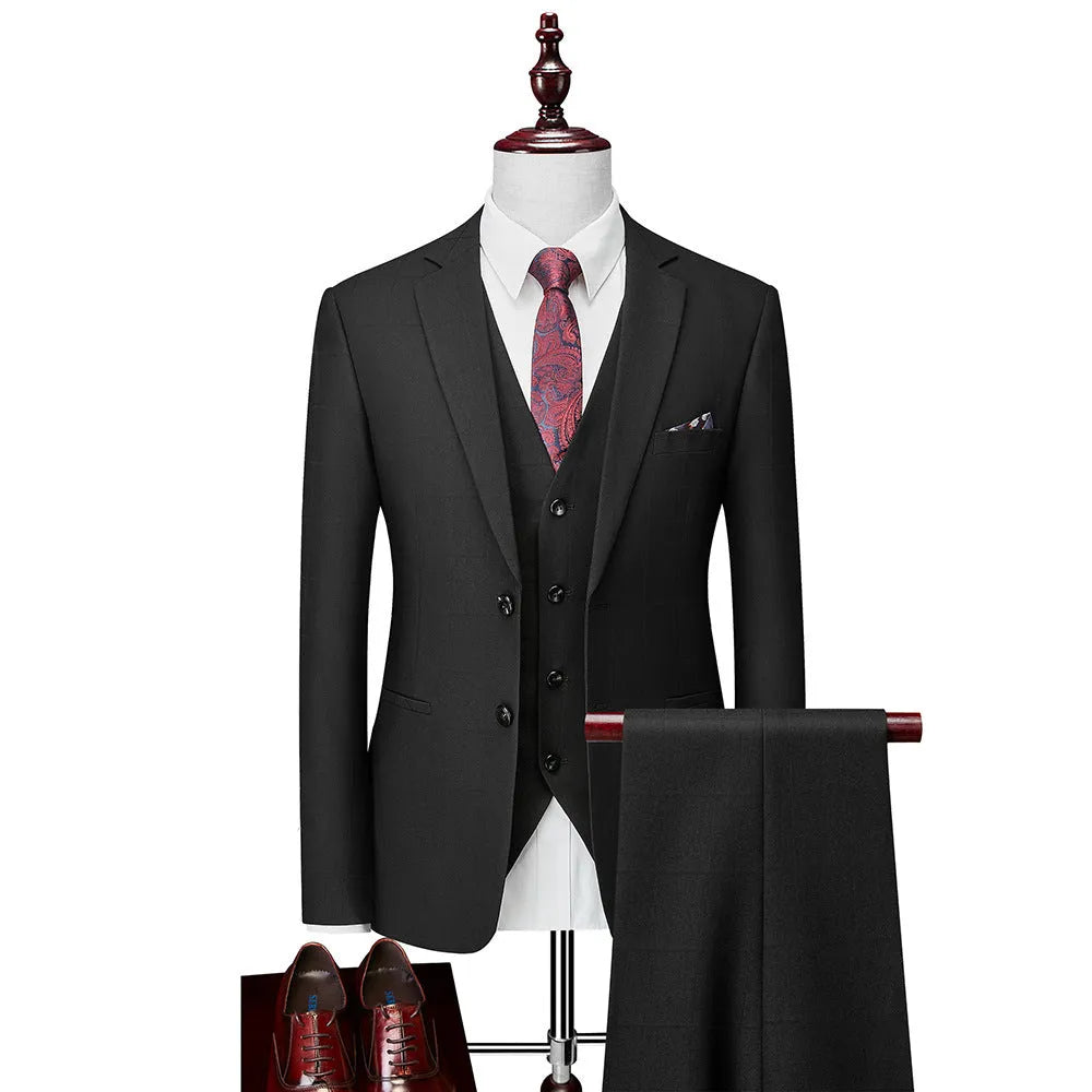 Men's navy blue plaid slim fit three-piece business casual suit with vest, jacket, and trousers