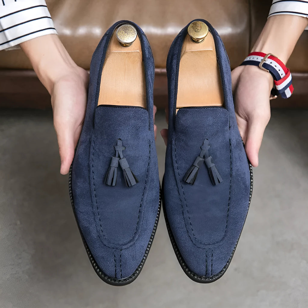 Men's suede matte fashion leather shoes in purple or blue with flat heel and plastic sole, sizes 38-48