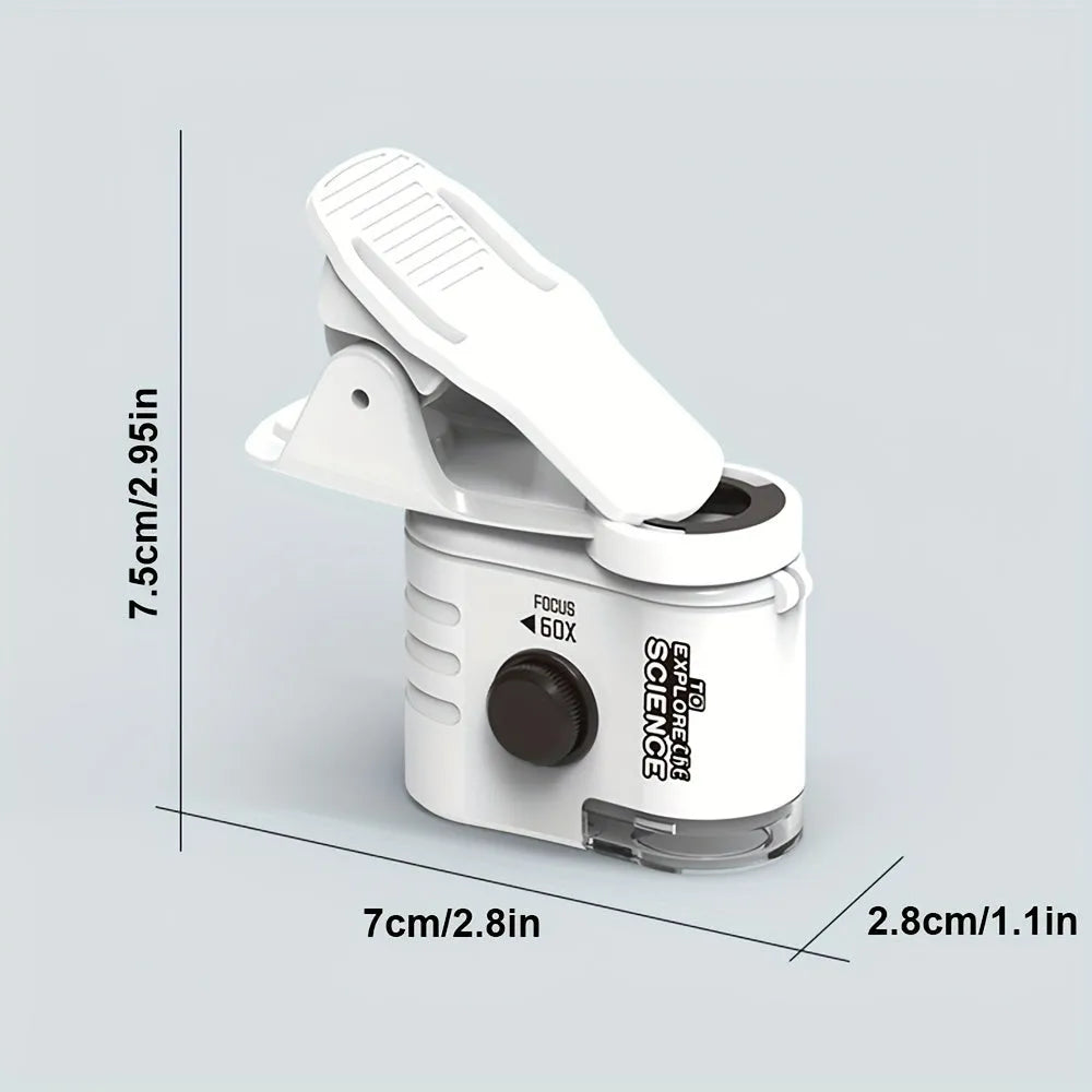 Pocket microscope with detachable clip for smartphone cameras showing 60x magnification and LED light