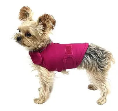 Dog wearing anxiety relief tank top in brocade cotton ponte-de-roma fabric for separation anxiety