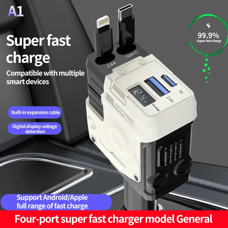 Car charger fast charging retractable four-in-one cigarette lighter with digital display in black