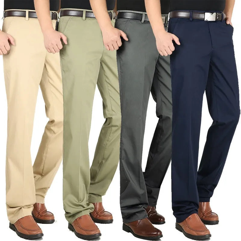 Men's casual elastic cotton high waisted loose trousers in creamy white, shown flat front view