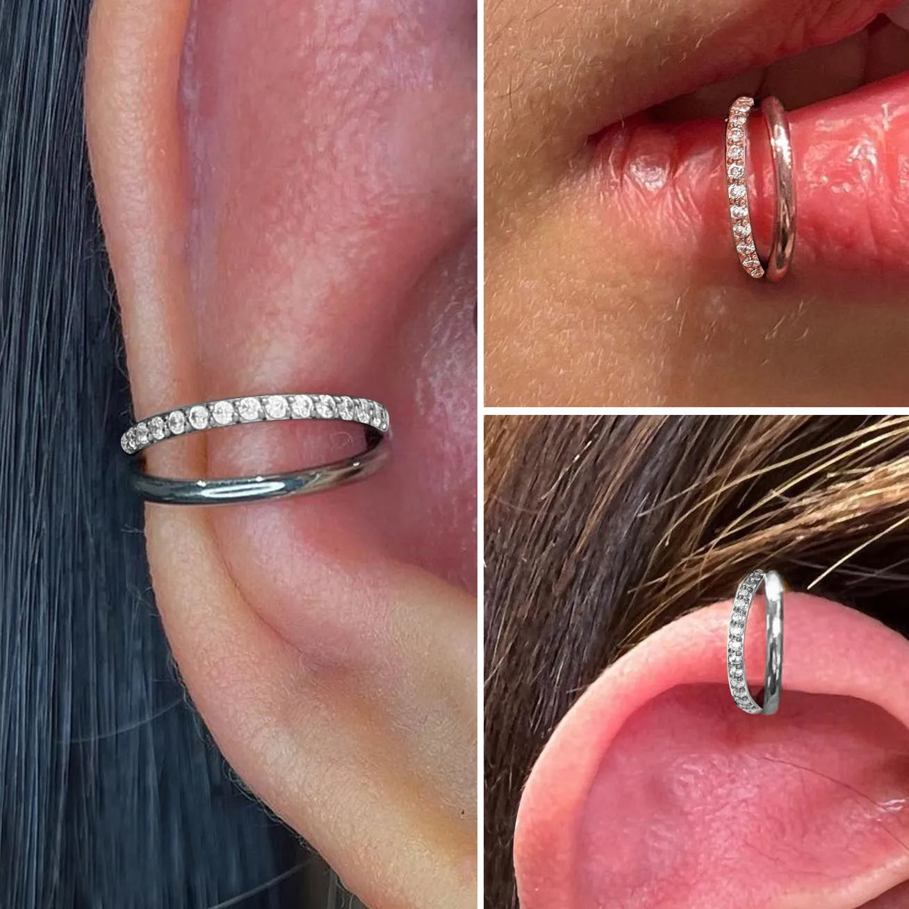 Titanium alloy nose ring piercing stud shown in silver and gold, available in multiple sizes with optional diamond accent.