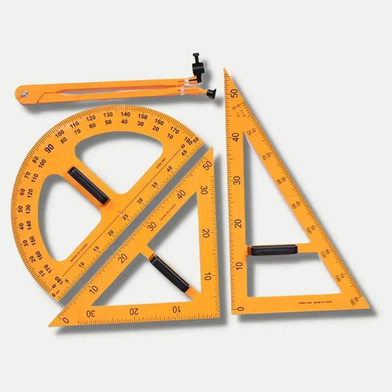 Orange and black plastic mathematics set with triangle rulers, protractor and chalk compass