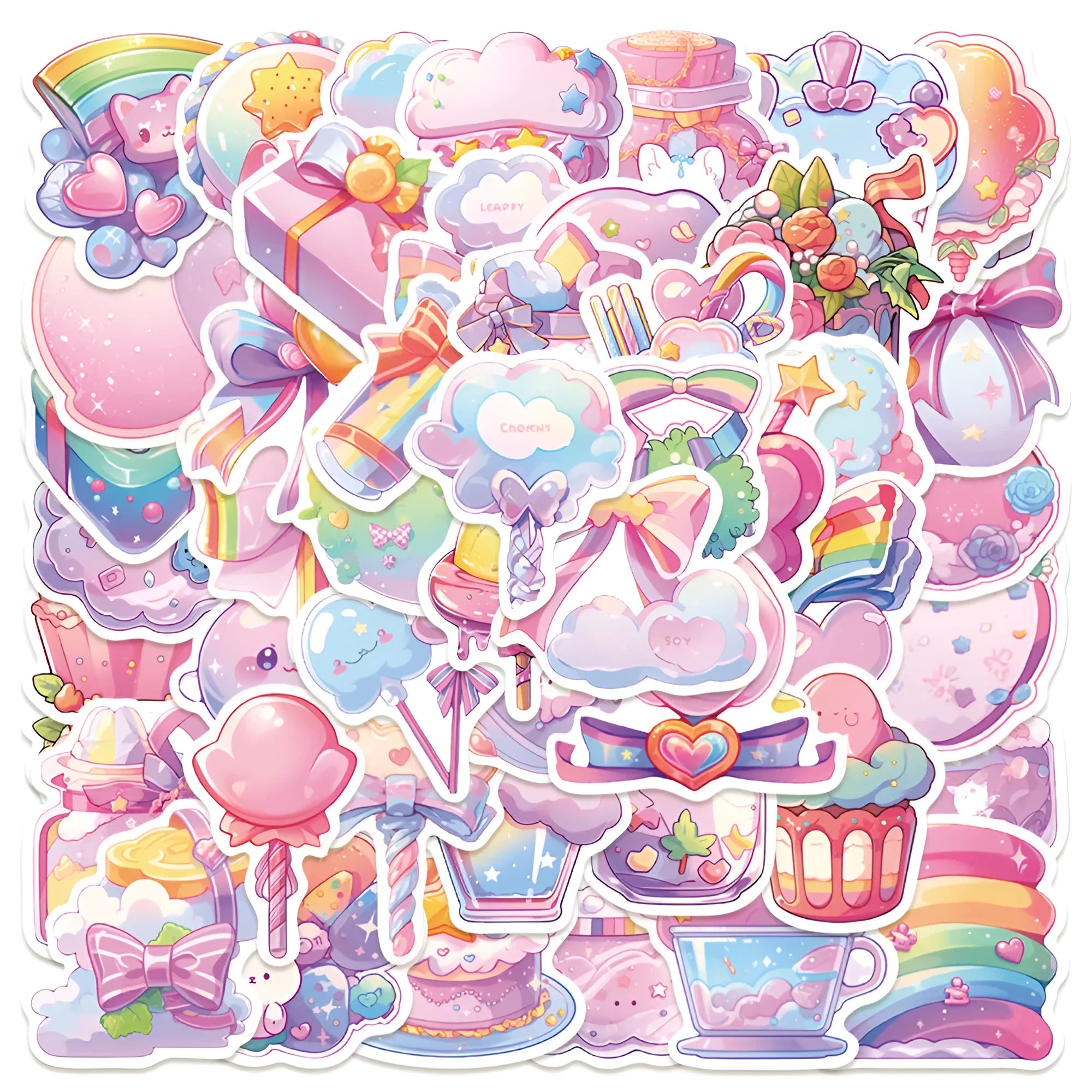 Pack of 50 fresh candy and small object design waterproof vinyl stickers for journal decoration.