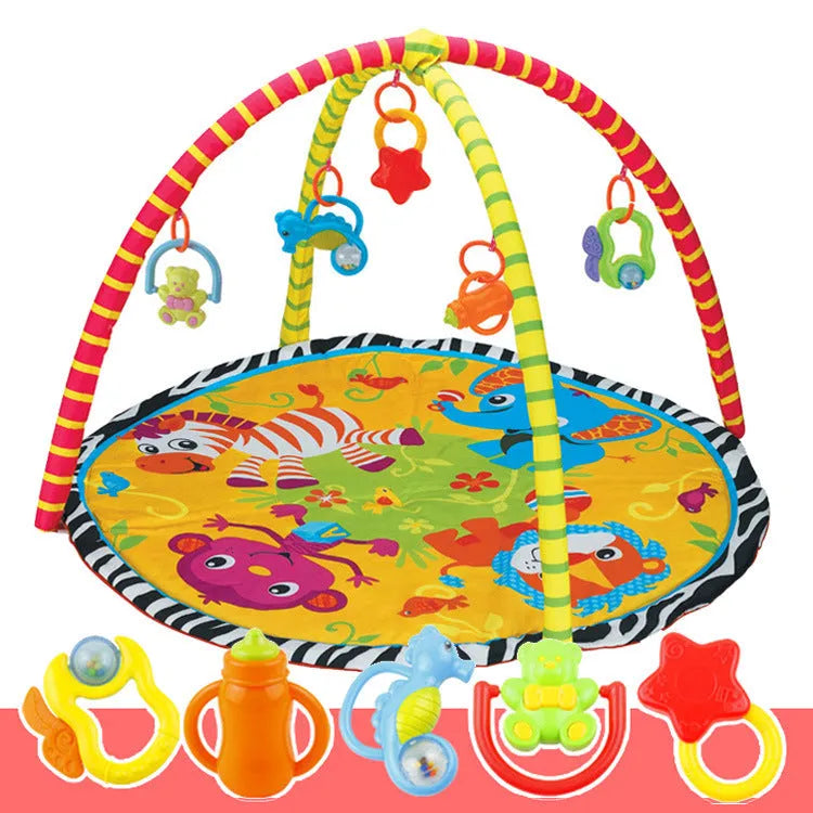 Velvet baby gymnastic rack game blanket with small animal design for grasping play.