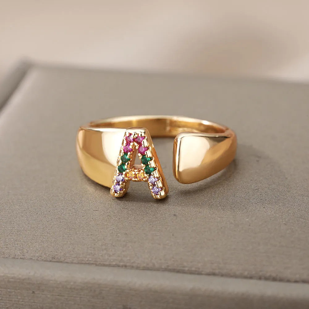 Adjustable copper open ring with coloured zirconium micro-set English letter design