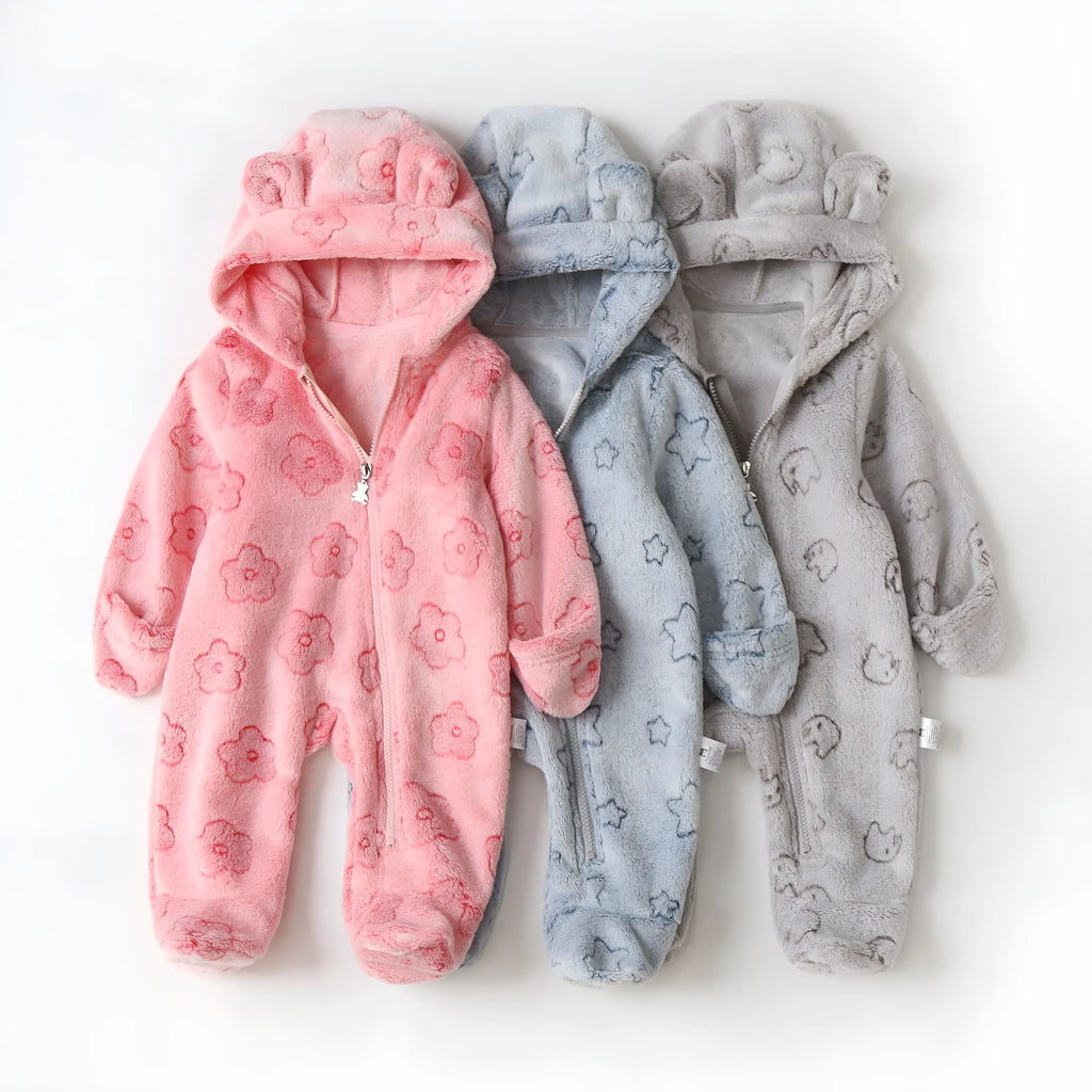 Flannel baby jumpsuit in grey with long climbing style and hide hooks closure for warmth