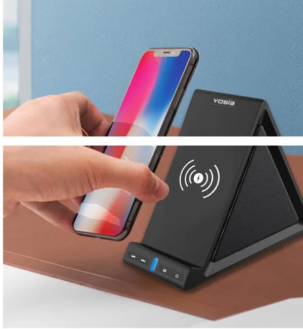 Black multifunctional Bluetooth speaker with built-in power bank and phone stand, showing front and side views.
