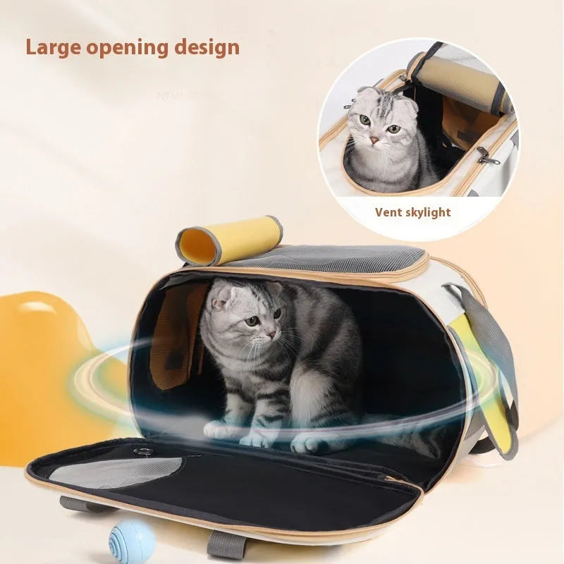 Foldable single shoulder pet carrier bag in canvas, shown in black, green, and yellow colour options.