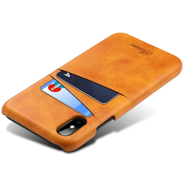 Slim black PU leather wallet phone case open to show two internal card slots and a felt lining.