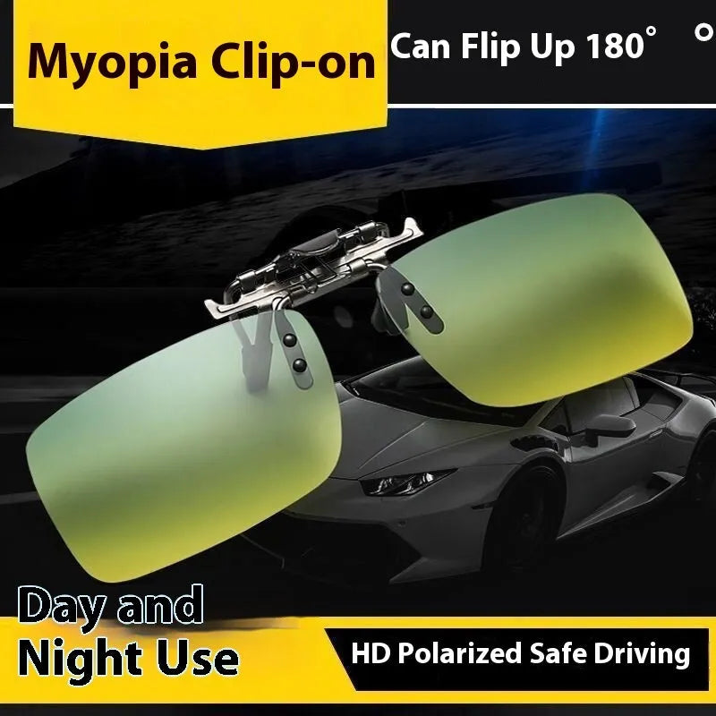 Transparent colourless resin polarised clip-on sunglasses with dual-purpose day and night modes for driving