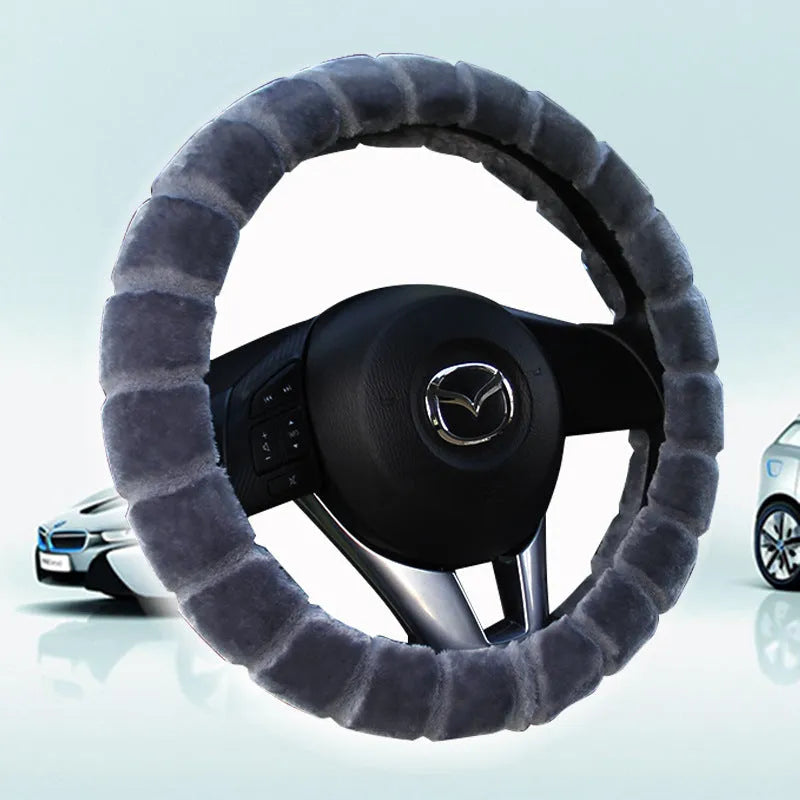Thick velvet steering wheel cover in beige, non-slip, heavy high density plush, fits 37-38cm steering wheels