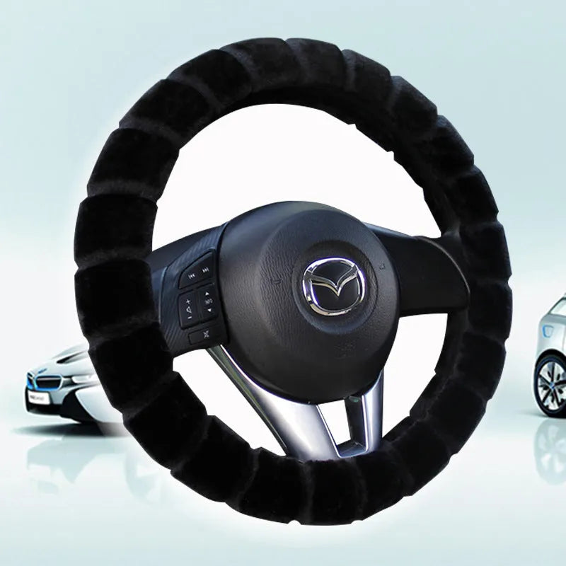 Thick velvet steering wheel cover in beige, non-slip, heavy high density plush, fits 37-38cm steering wheels