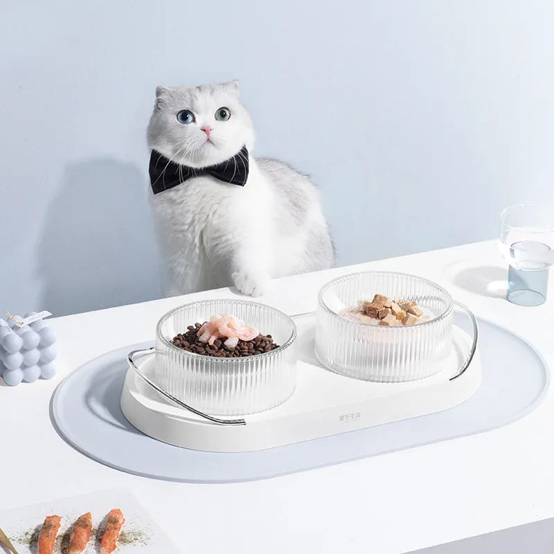 DouBowl Bobo double cat bowl in mint green and plaster white, size M, ABS tray and zinc alloy handle