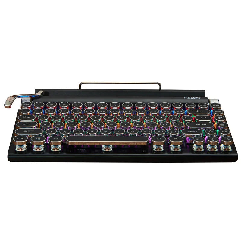 Black retro typewriter style mechanical keyboard with colourful backlit keys