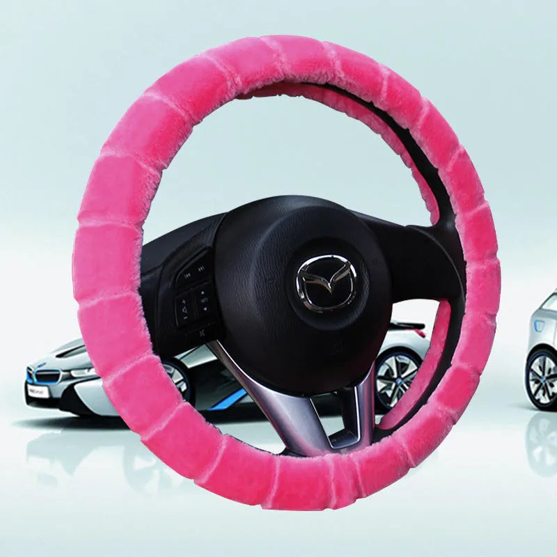 Thick velvet steering wheel cover in beige, non-slip, heavy high density plush, fits 37-38cm steering wheels