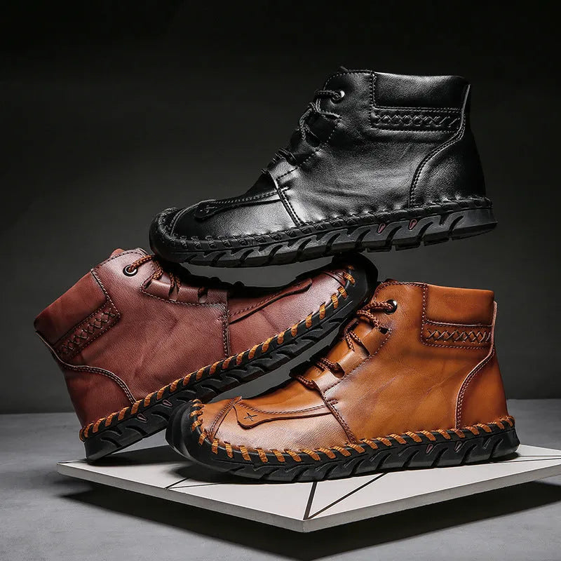 Men's casual leather tooling boots in cow split leather with rubber sole and thick bottom heel