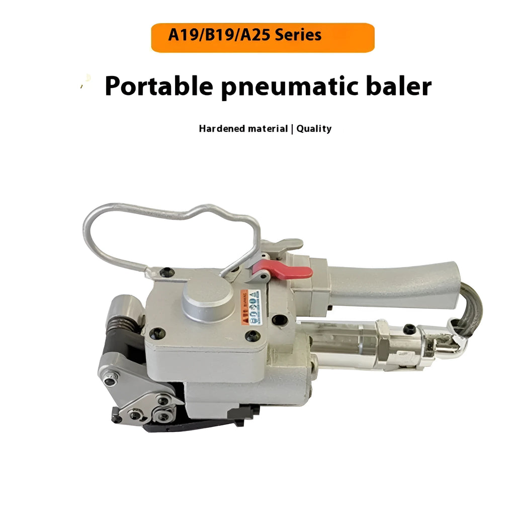 Pneumatic A19 handheld packer for semi-automatic strapping with 16-19mm ribbon width and XQD-A19 split belt design.