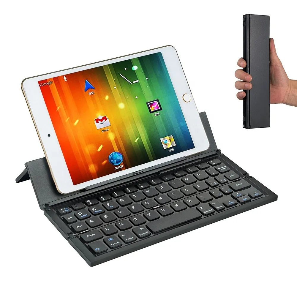 Black folding wireless Bluetooth keyboard for tablets with numeric keypad shown open and closed
