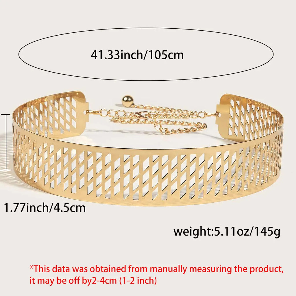 Gold thick waist belt with iron ring design, hook fastening, shown laid flat displaying full 105cm length.