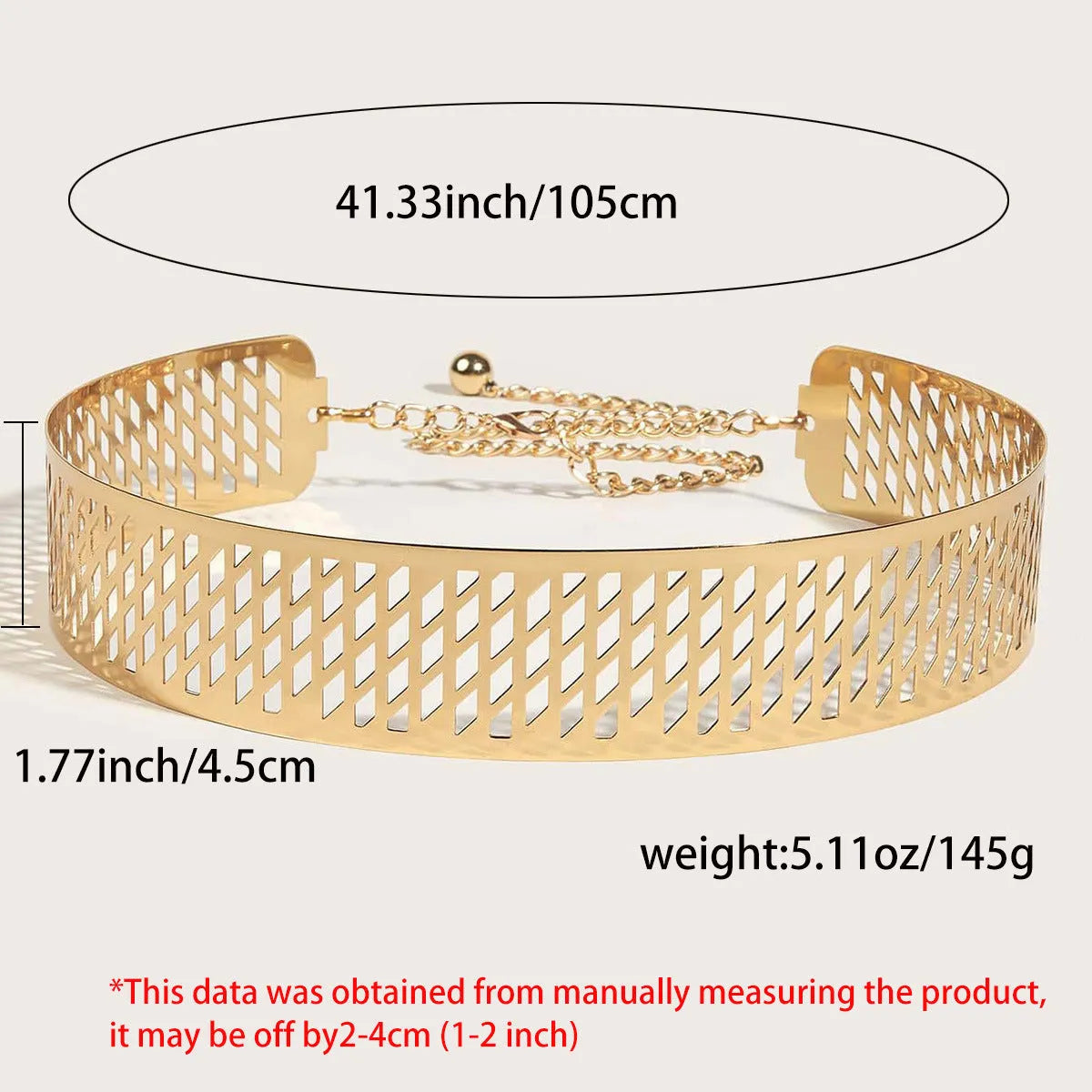 Gold thick waist belt with iron ring design, hook fastening, shown laid flat displaying full 105cm length.