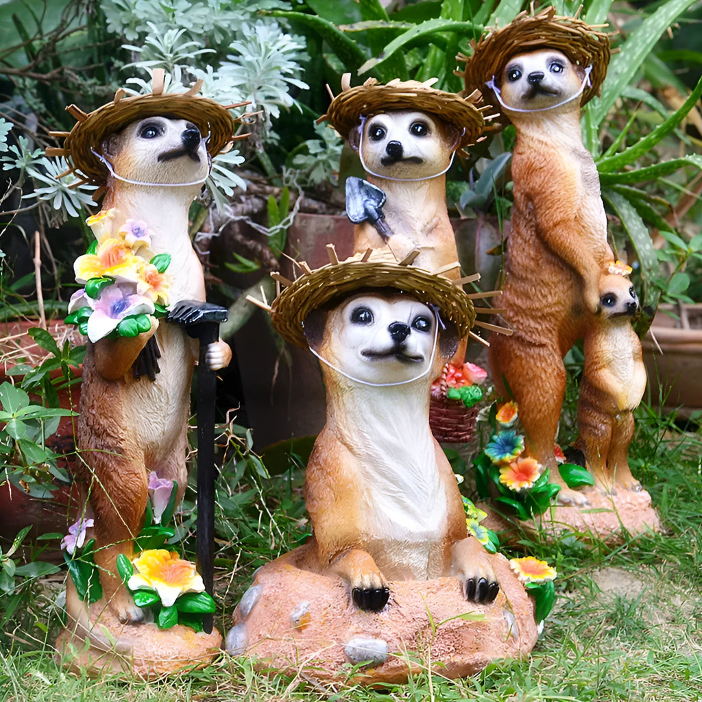 Three straw hat mongoose resin ornaments for garden decoration: mother and son, with rake, and with shovel.