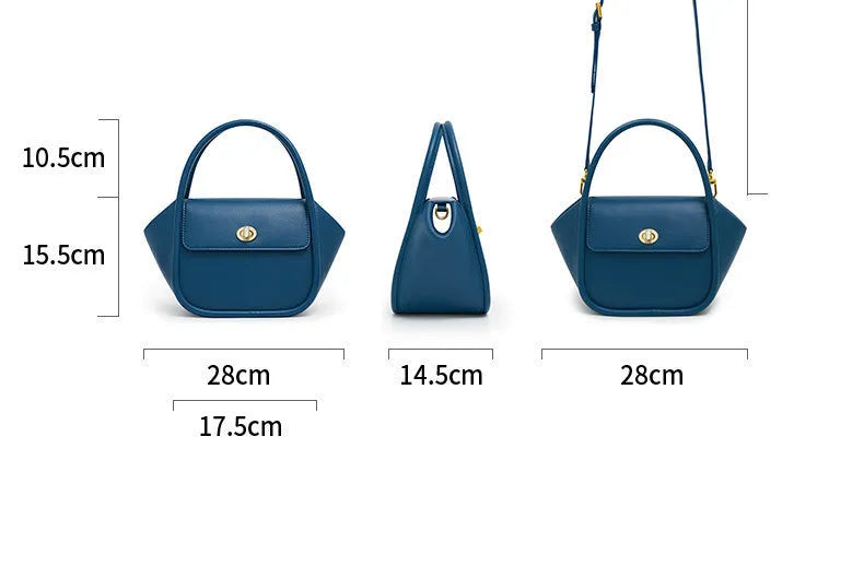 A women's cow leather wing-shaped handbag with a latch closure and a single shoulder strap.