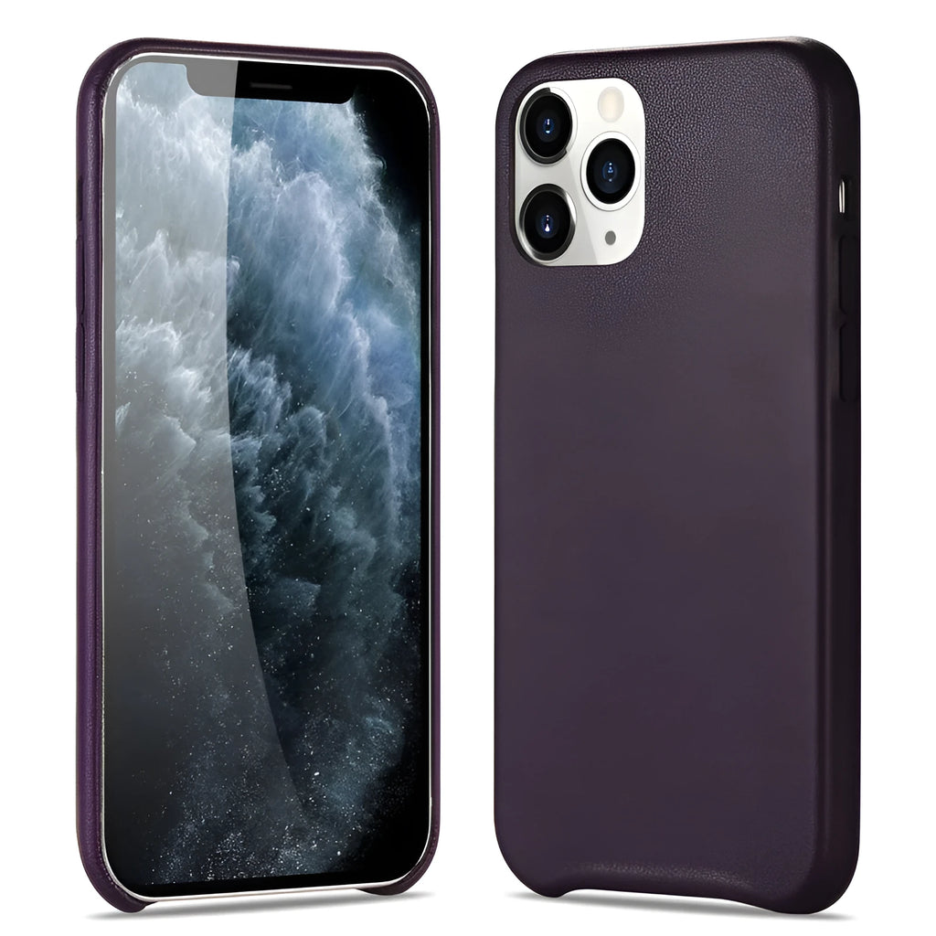 Plain PU imitation leather back cover case for iPhone 11, available in black, brown, orange, and green.