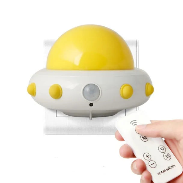 Remote control UFO shaped bedside night light in blue, pink, or white colour options