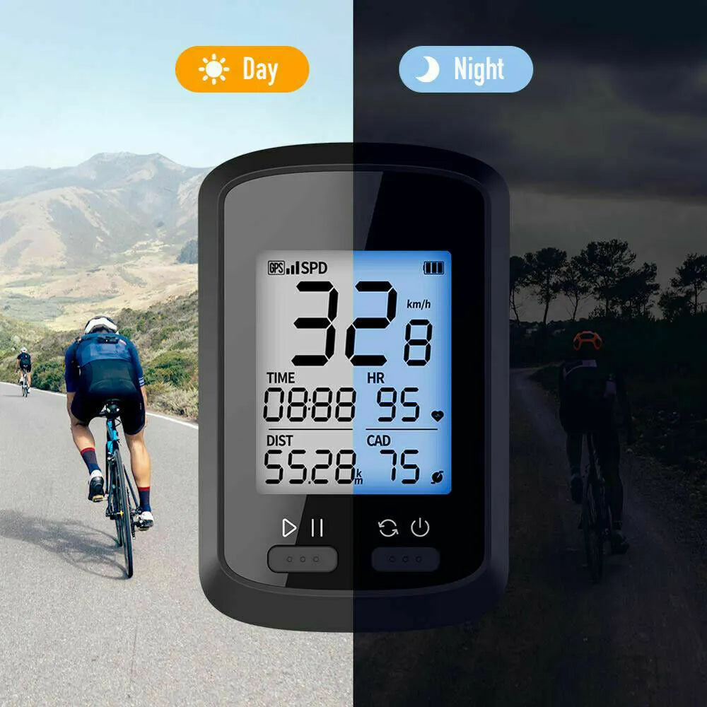 Black waterproof bicycle stopwatch with digital display mounted on bike handlebars