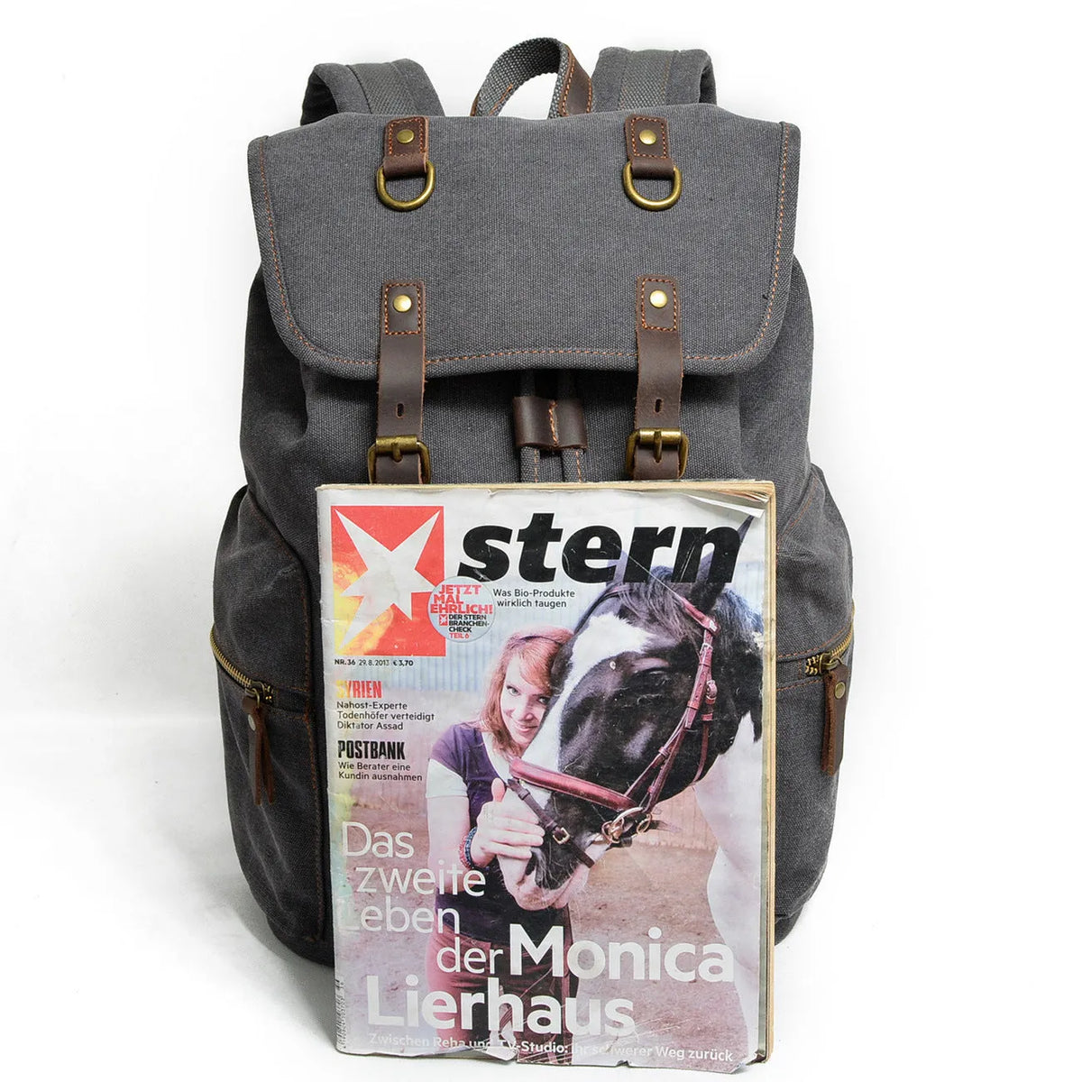 Canvas casual backpack with crazy horse leather trim, 28cm x 15cm x 43cm, in Army Green, Brown or Dark Grey