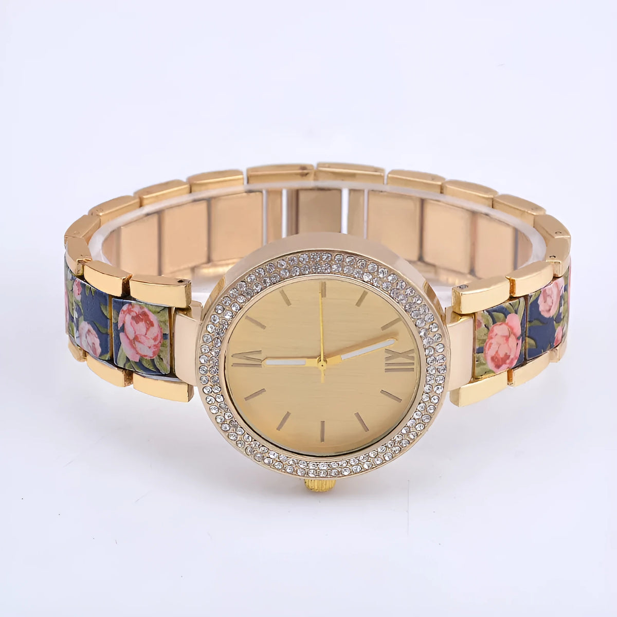 Women's fashion printing steel watch with printed spot drill dial, ordinary glass mirror and stainless steel bottom