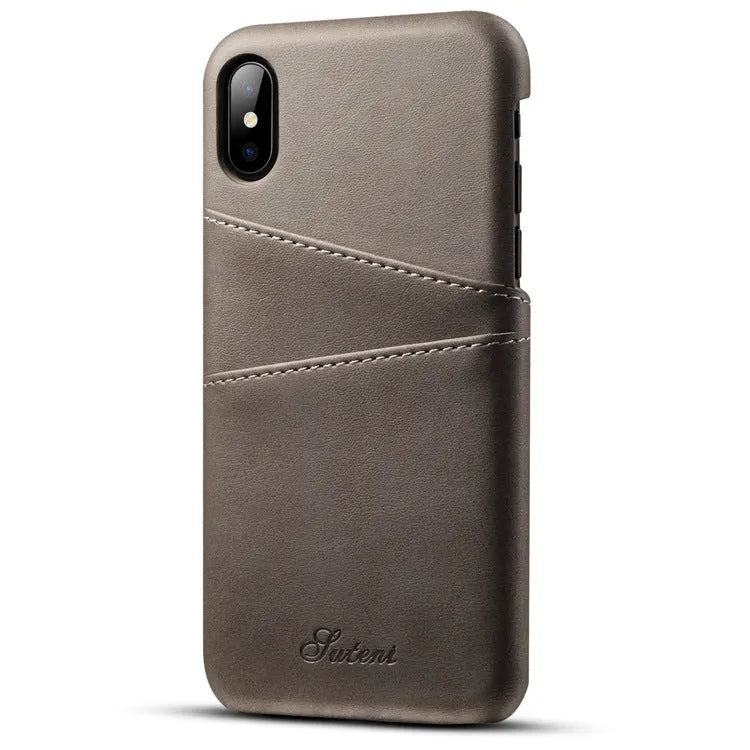 Slim black PU leather wallet phone case open to show two internal card slots and a felt lining.