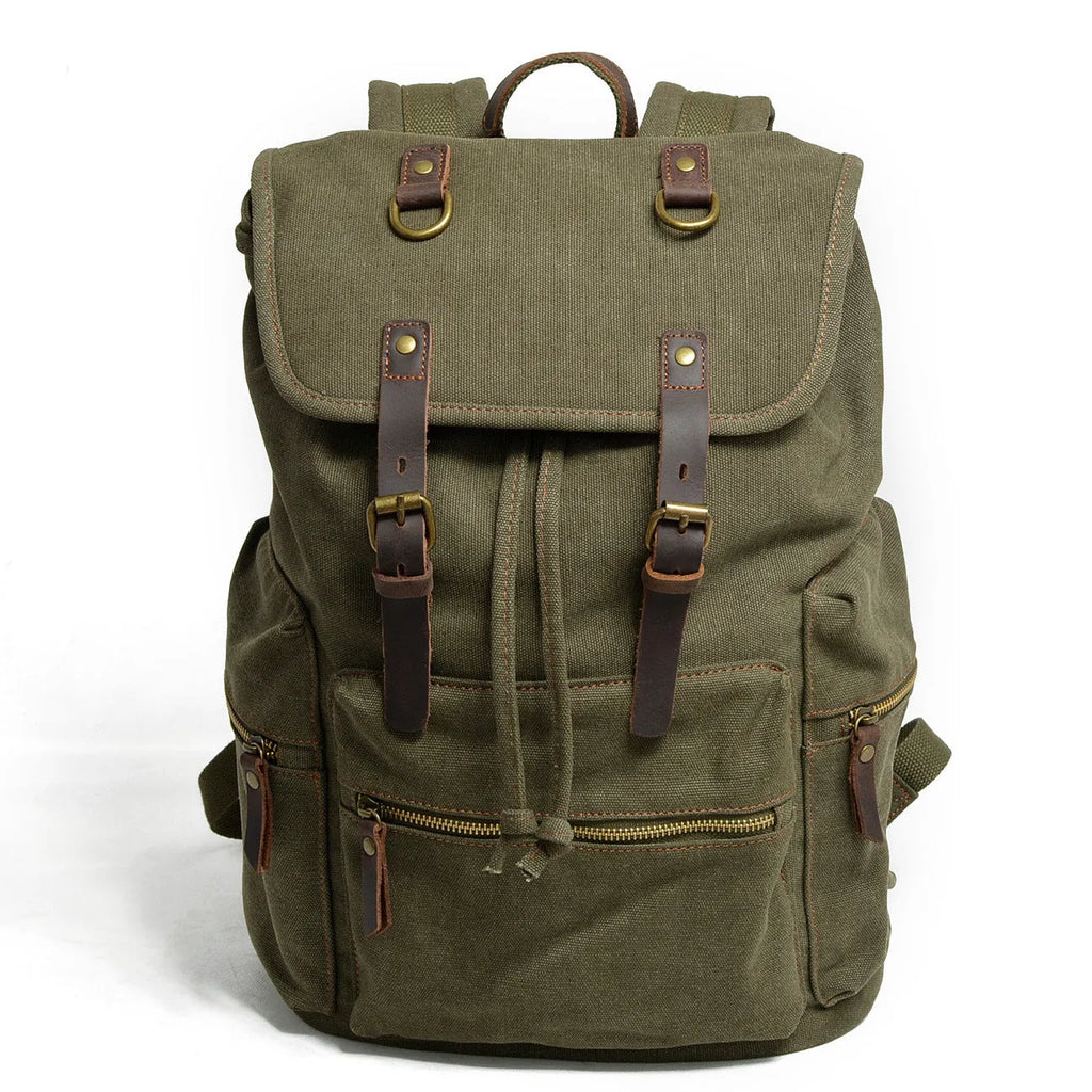 Canvas casual backpack with crazy horse leather trim, 28cm x 15cm x 43cm, in Army Green, Brown or Dark Grey