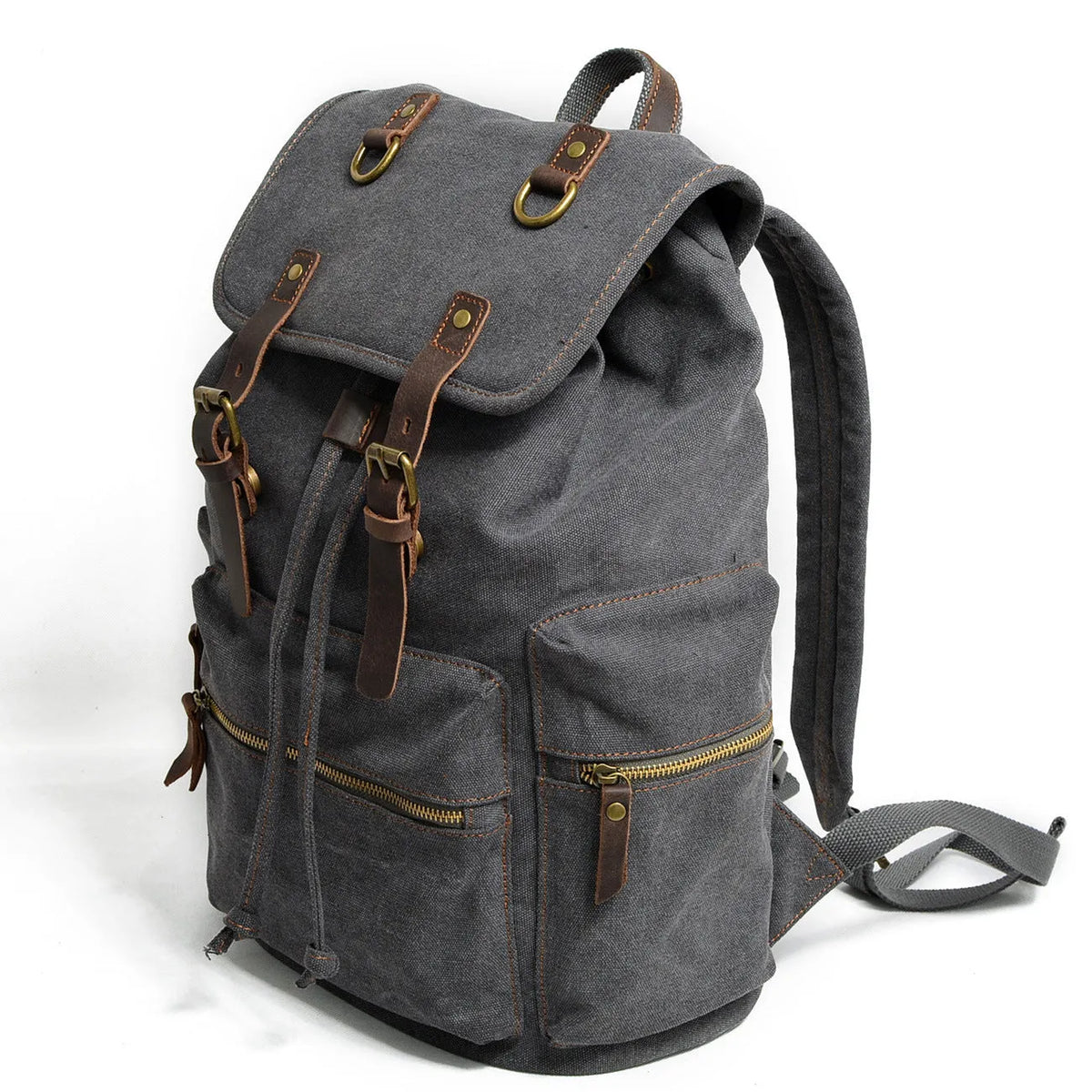 Canvas casual backpack with crazy horse leather trim, 28cm x 15cm x 43cm, in Army Green, Brown or Dark Grey