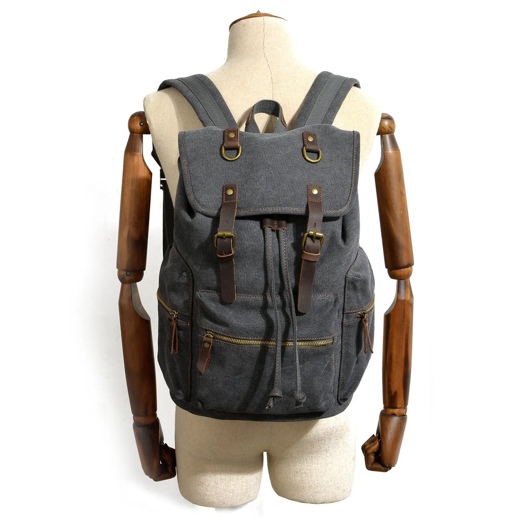 Canvas casual backpack with crazy horse leather trim, 28cm x 15cm x 43cm, in Army Green, Brown or Dark Grey