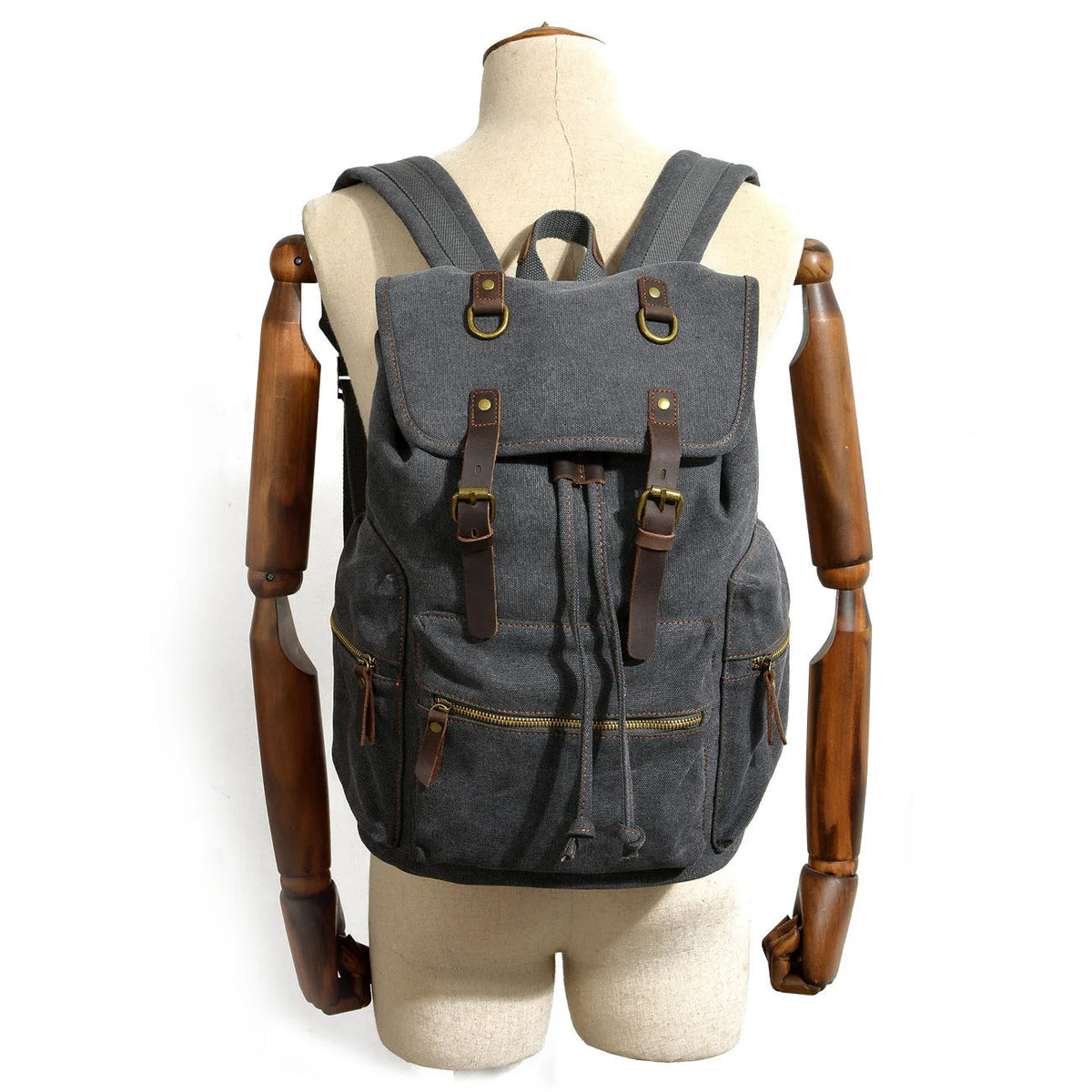 Canvas casual backpack with crazy horse leather trim, 28cm x 15cm x 43cm, in Army Green, Brown or Dark Grey