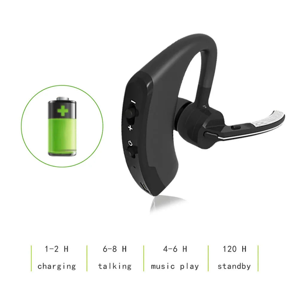 V9 Business Bluetooth wireless headset with ear-bud and USB charging cable on a white background.