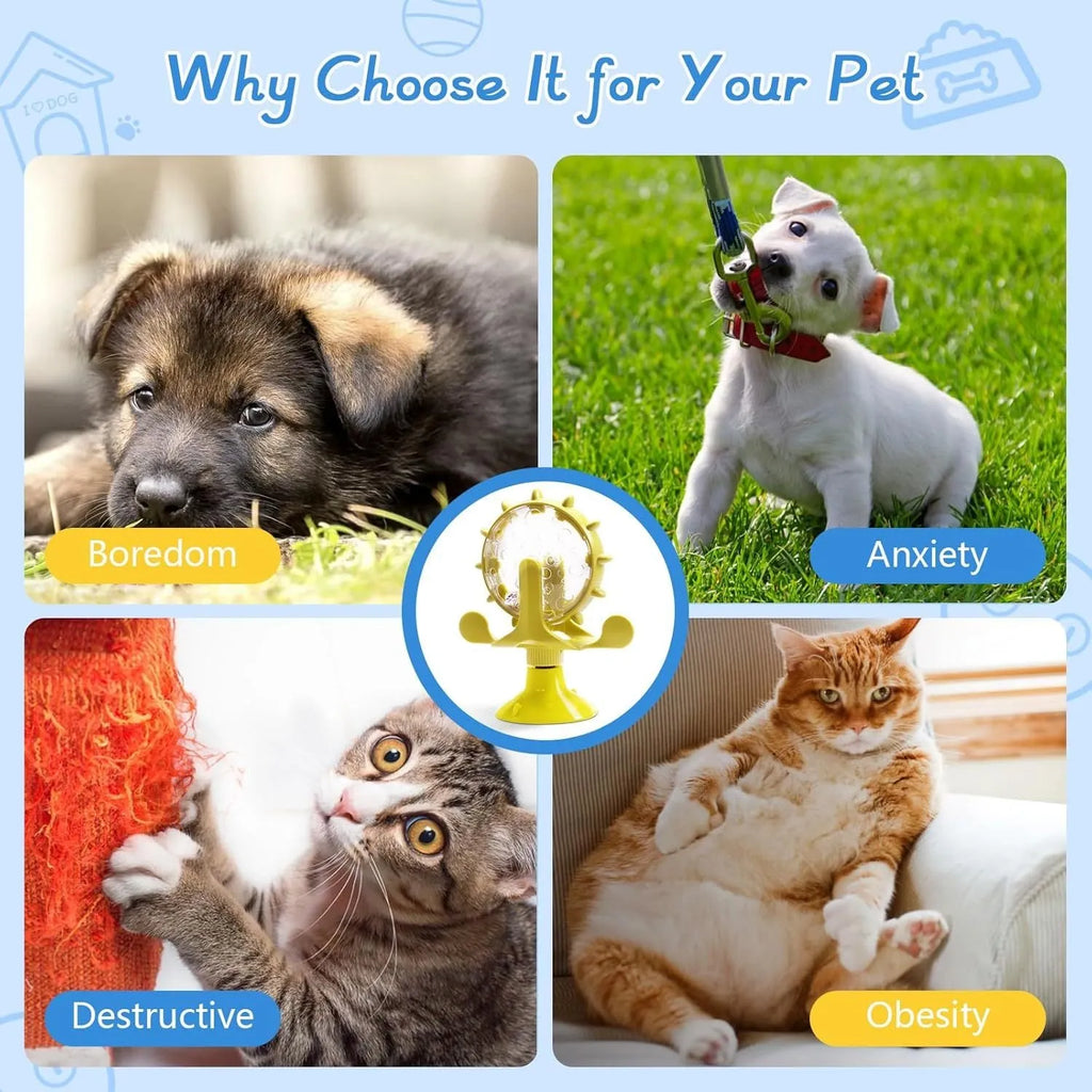 Interactive spinner puzzle toy for cats and dogs with food dispenser holes and sucker base