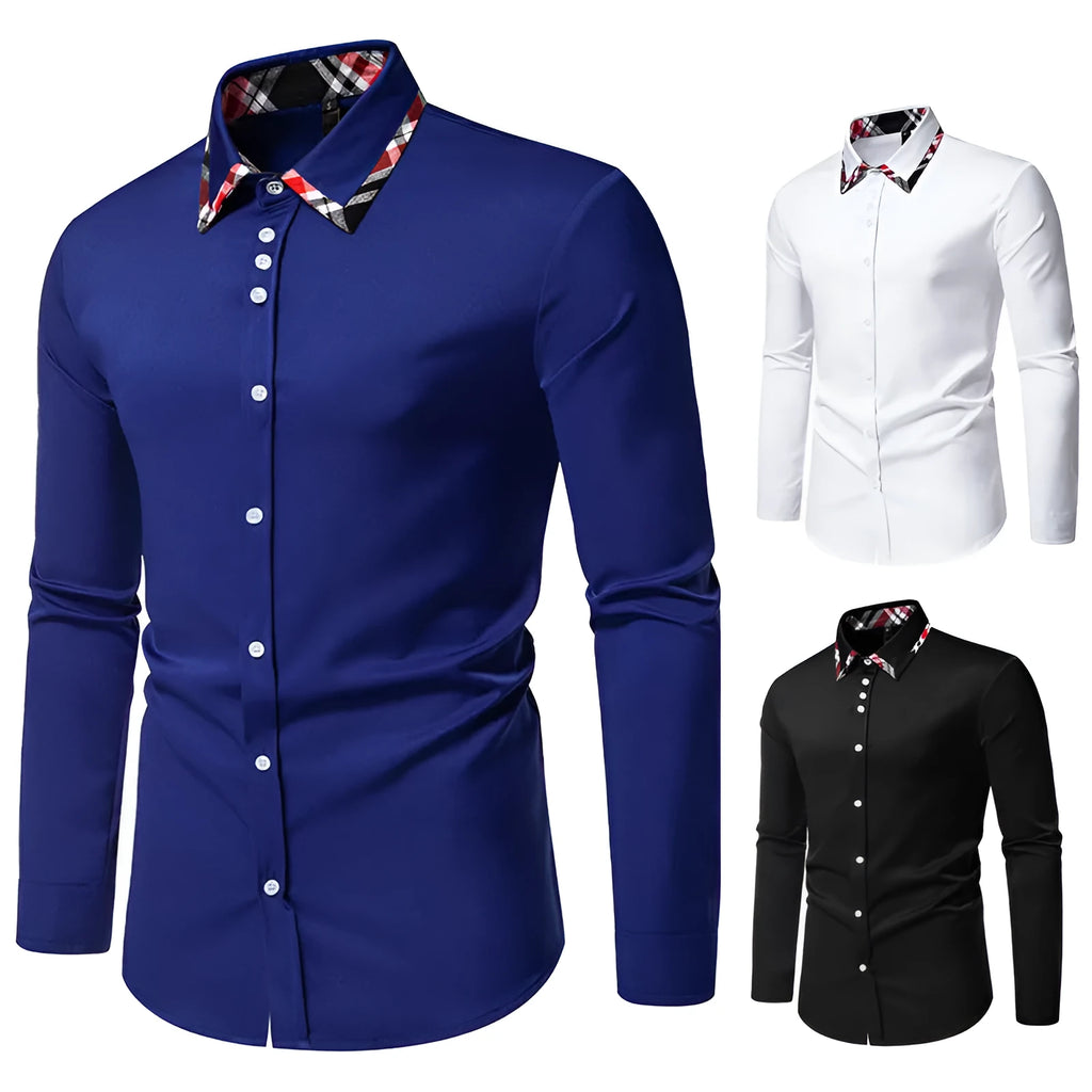 Men's blue plaid long sleeve shirt with a contrast triangle collar on a hanger.