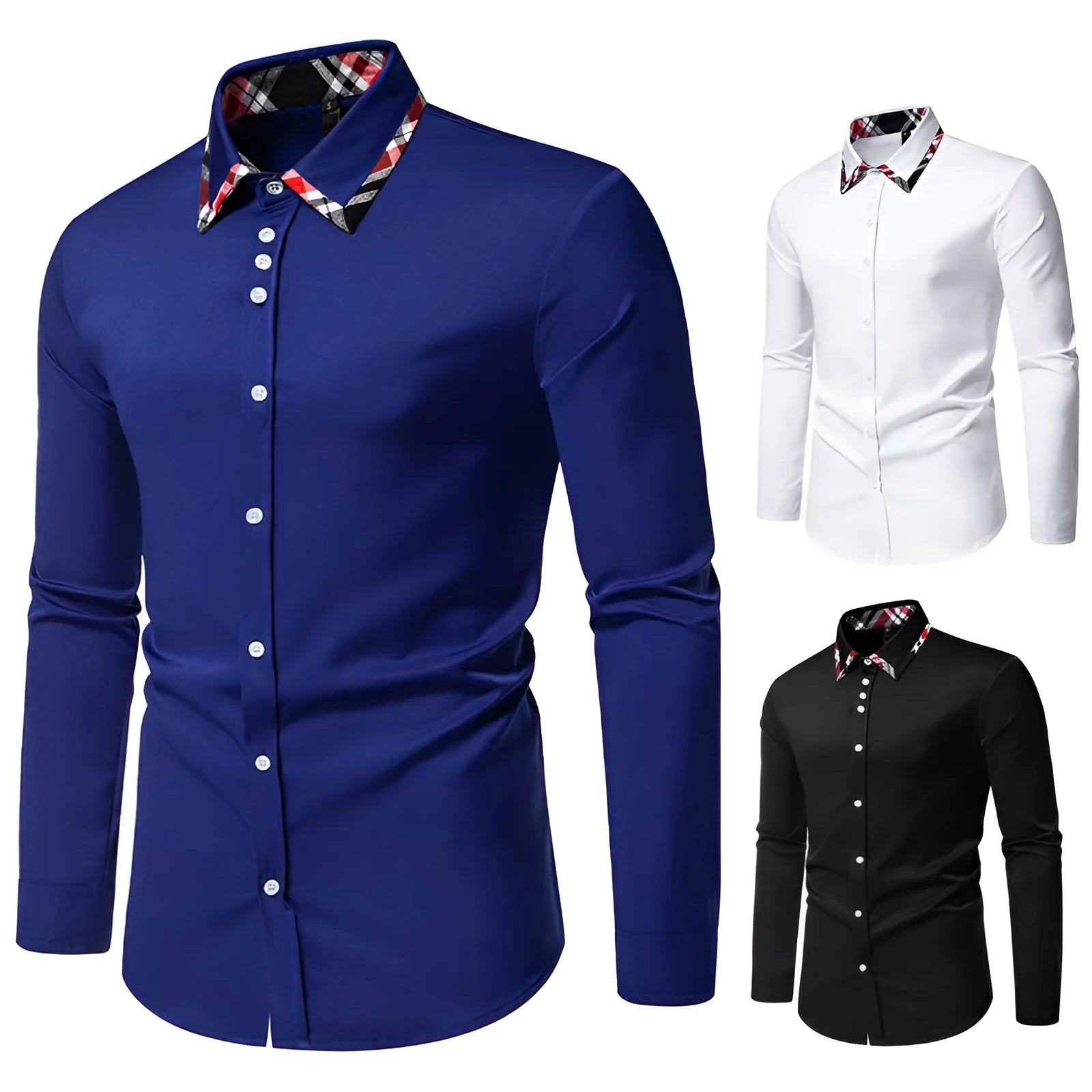 Men's blue plaid long sleeve shirt with a contrast triangle collar on a hanger.