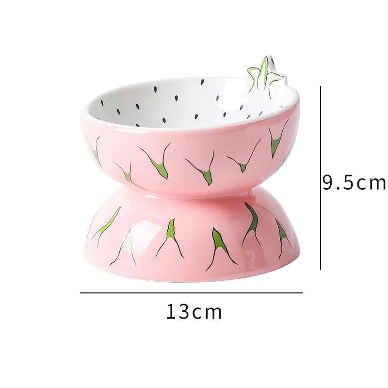 Ceramic raised cat bowl with tilted wide dish on elevated 5-inch stand