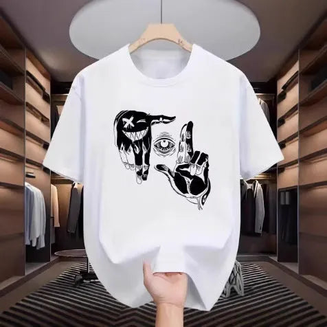 Men's short sleeve mesh T-shirt with cartoon print in various colours showing breathable fabric texture