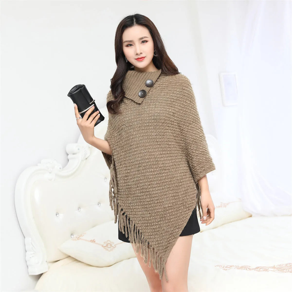 Sleeveless knit shawl with dotted pattern in khaki colour, acrylic fibre, free size, worn over shoulders