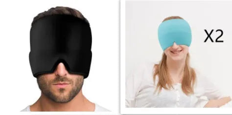 Black elastic ice gel headache relief eye mask shown on a mannequin head, adjustable for 42-66cm circumference.