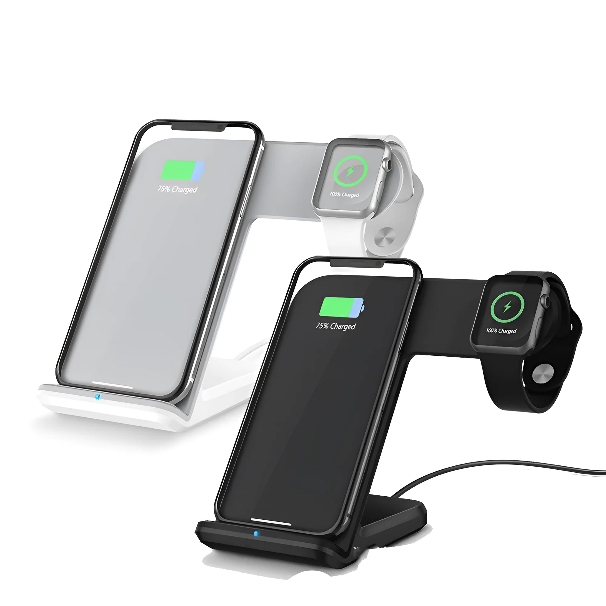 Black or white wireless phone charger with USB-C cable and UK power adapter on desk