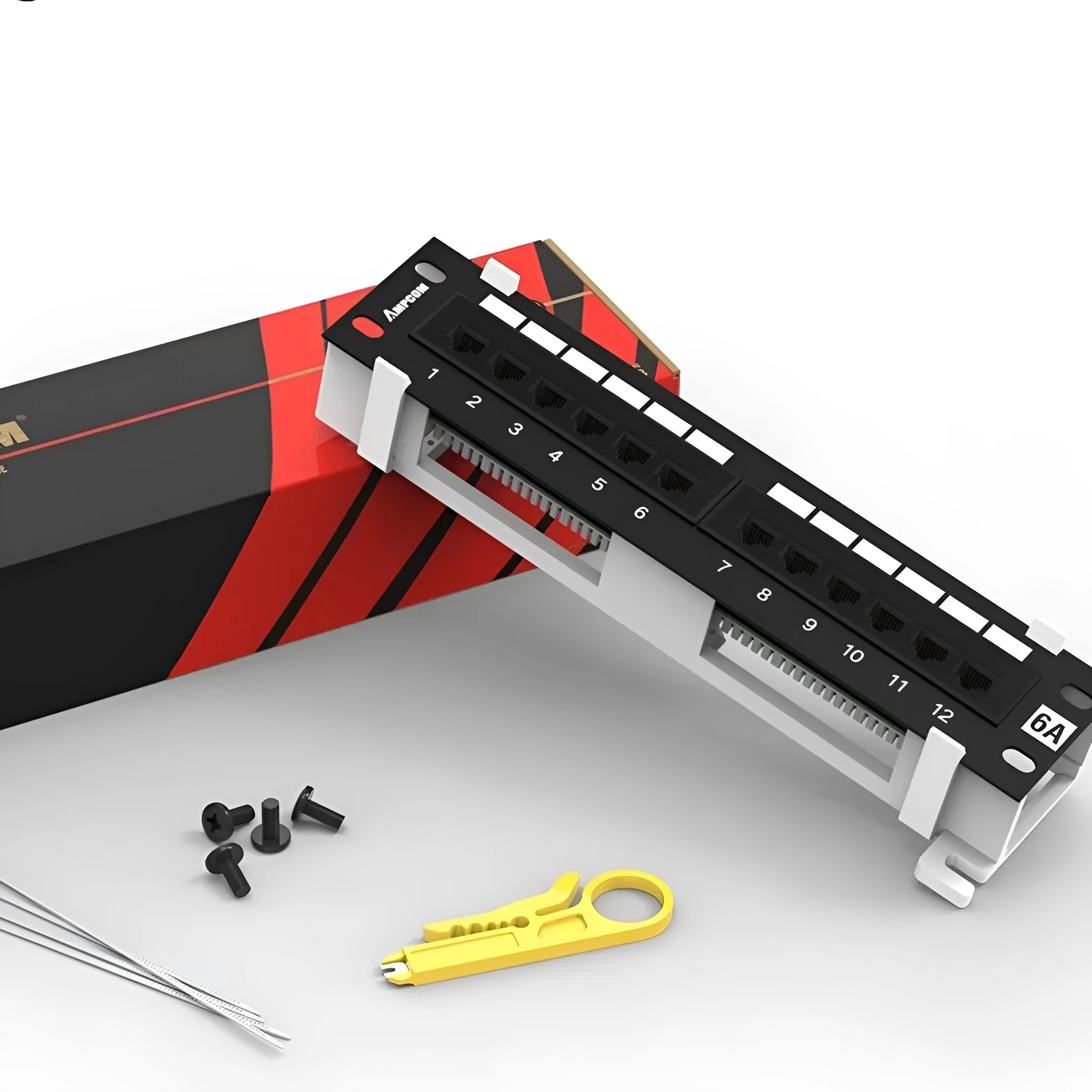 Black 12-port steel network distribution frame with hook bracket and included installation accessories.