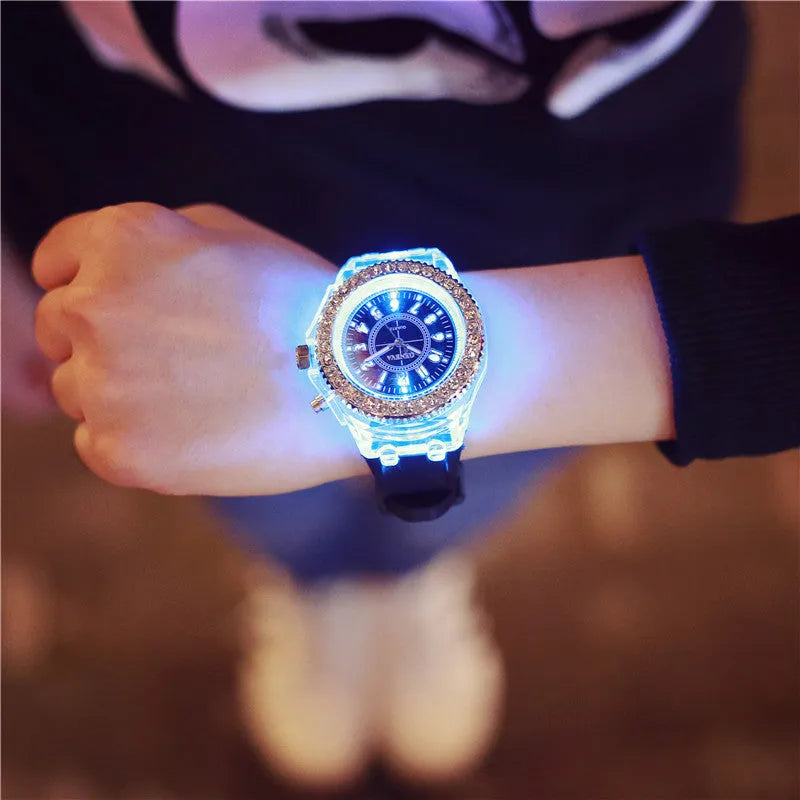 Geneva women's LED luminous quartz watch with silicone strap and round 43mm dial
