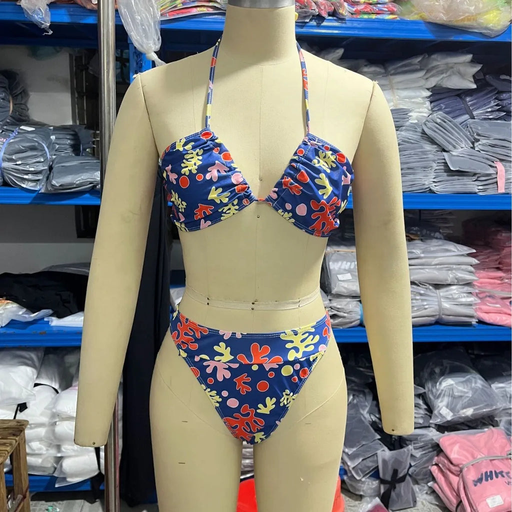 Sunbath No Sun Marks banded bikini set in Blue Variegated, bra and shorts, polyester spandex, brief style